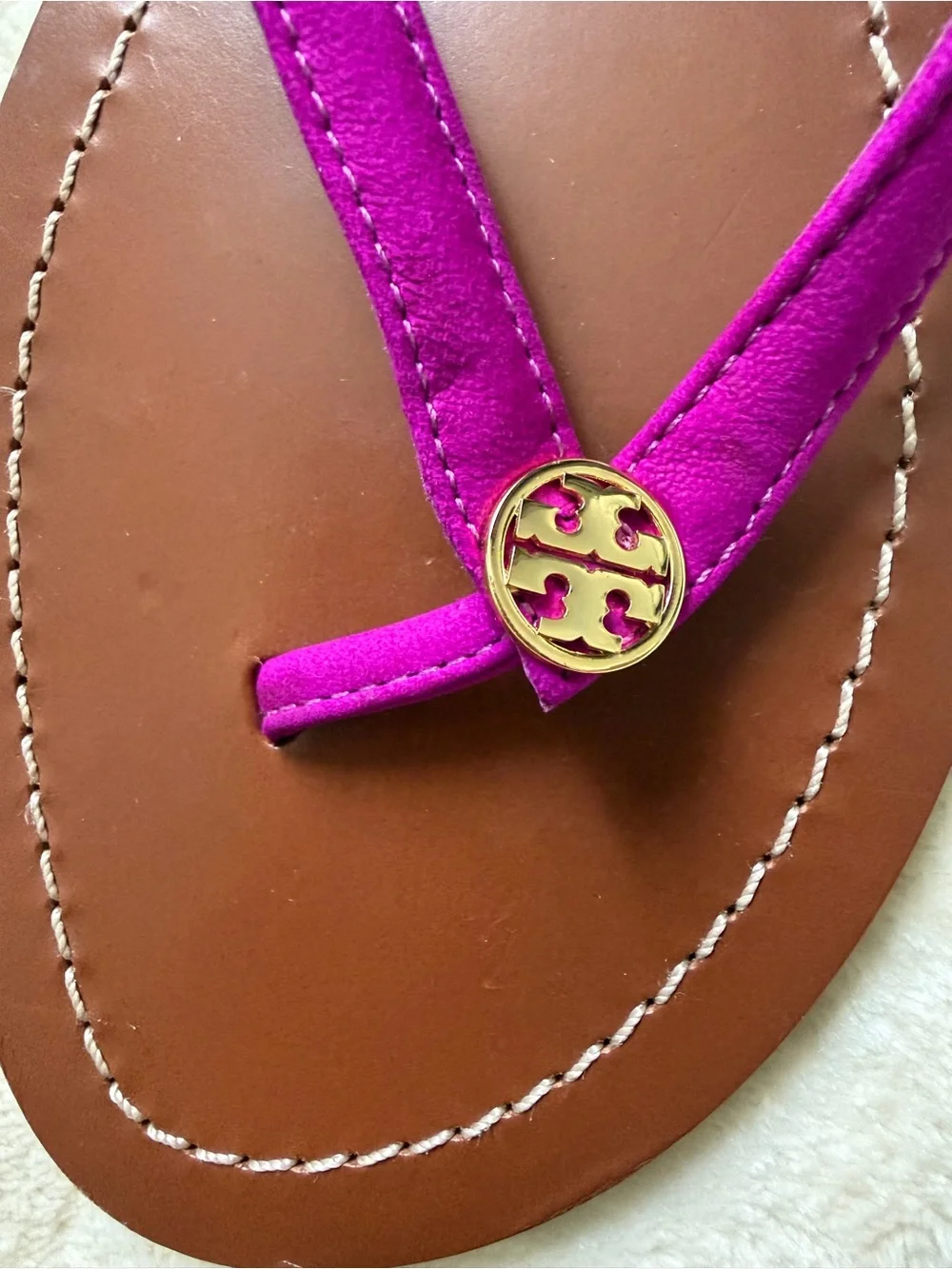 Tory Burch Magenta Leather Flip Flop Sandals with Gold Logo